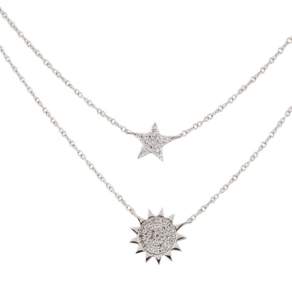 SHY CREATION 14K WHITE GOLD DIAMOND SUN & STAR LAYERED NECKLACE - Picture 3 of 9